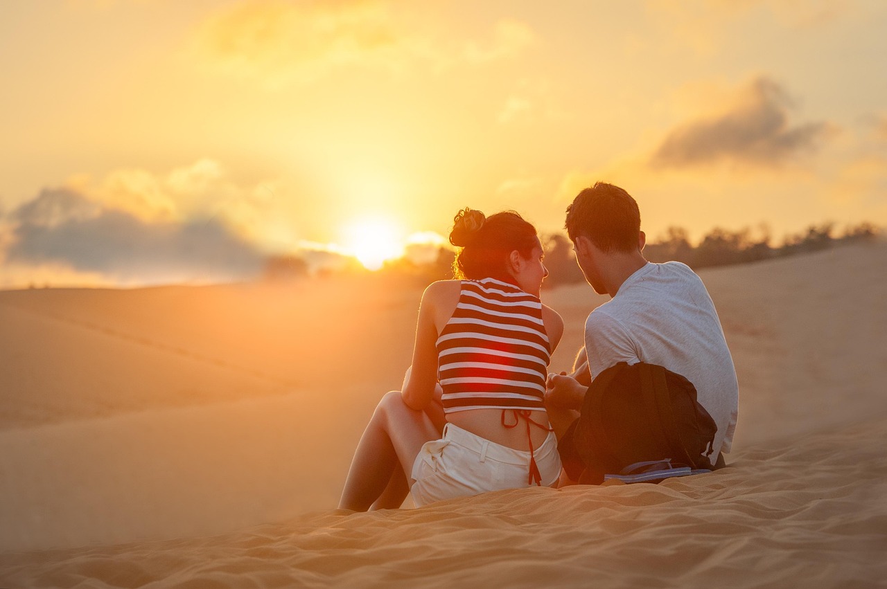 happy valentines day, sunset, couple, sand, sit, sitting, together, dusk, twilight, sitting together, lovers, relationship, romantic, sand dunes, dunes, happy couple, nature, love, summer, happy